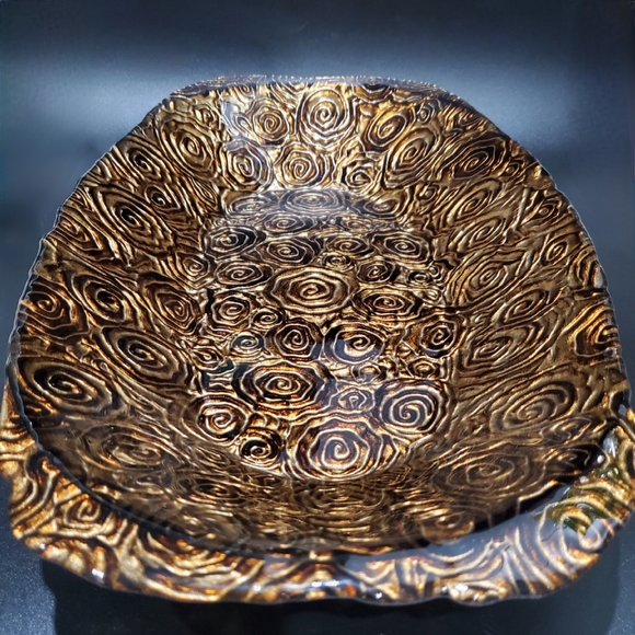 17 1/2" x 10" Glass Copper Bronze Brown Art Glass Decor Bowl with Silver Bottom - Picture 10 of 16